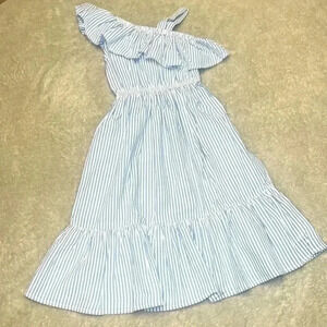 Blue White Striped One Shoulder Dress Girls size 4-5